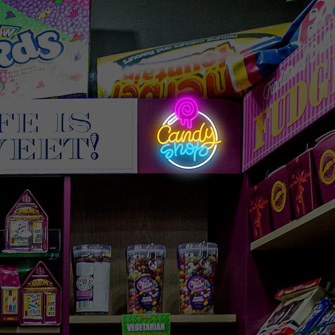 Candy Shop Neon Sign, Neon Signs for Wall Decor, Neon Dimmable LED Signs Lollipop Store Decorations, Neon Dessert Business Light Up Signs Candy Party Decorations, Neon Halloween Birthday Gift