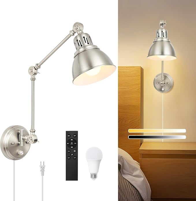 GOODATE 1 Pack Plug in Wall Sconce with Remote, Dimmable, Adjustable Colors, Swing Arm Wall Lamp, Plug in Wall Light with Timer & Night Light (Brushed Nickel, with Bulb+Remote)