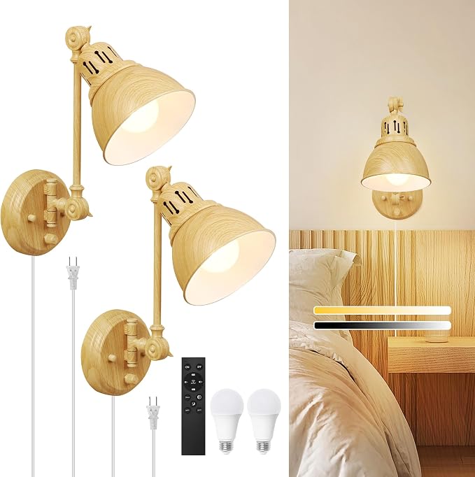 GOODATE 2 Pack Plug in Wall Sconces with Remote Control, Dimming, Adjustable Colors 2700K-6500K, Swing Arm Wall Lamps with Night Light & Timer, Plug-in or Hardwired, LED Bulbs Included, Oak Finish