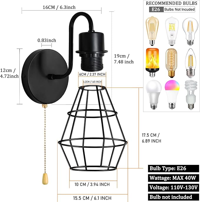 Wire Cage Wall Sconce with Pull Chain 2pack, Hardwire Wall Lights with On Off Switch, Metal Wall Mount Light Fixture Indoor E26 Vintage Black Wall Lighting for Living Room, Bedroom