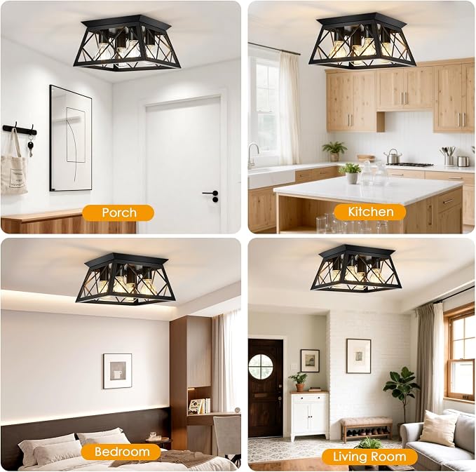 Ceiling Light,4-Light Flush Mount Ceiling Light,Farmhouse Square Light Fixtures Ceiling Mount,Modern Black Ceiling Light Fixture,Kitchen Lighting Fixtures Ceiling,Light Fixture For Bedroom,Hallway | Modern Black Ceiling Light Fixture,Light Fixtures Cei...