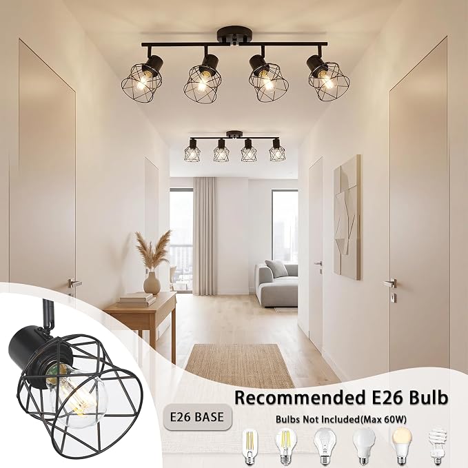 SOTTAE 4-Light Track Ceiling Light, Black Metal Birdcage Semi Flush Mount Ceiling Light, Adjustable Multi-Directional Spot Light, Farmhouse Ceiling Lamp for Living Room Kitchen Dining Bedroom Hallway