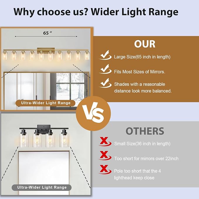 IZORRO Modern Bathroom Light Fixtures, 10 Light Gold Vanity Lights, Bathroom Lighting Fixtures Over Mirror with Clear Glass for Living Room Cabinet Bedroom