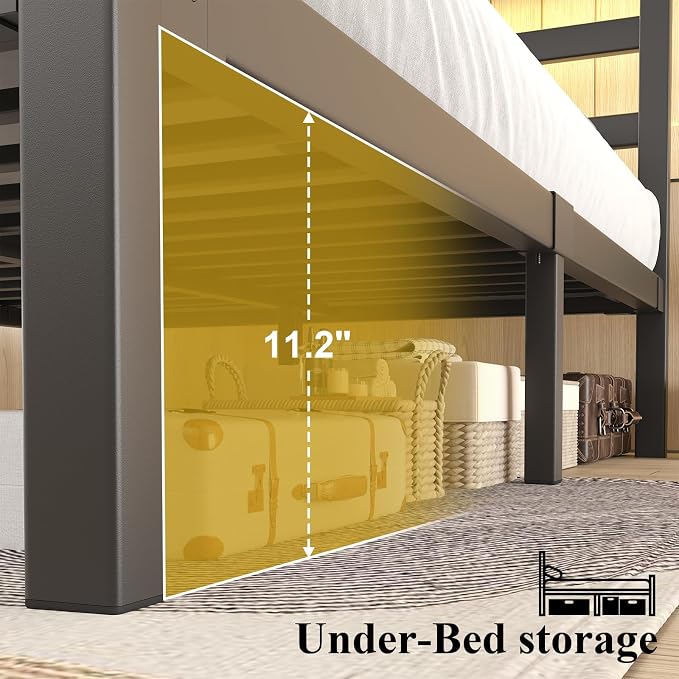 Queen Size Metal Bed Frame with Storage Headboard & LED Lights, Black | Built-In Charging Station, Under-Bed Storage, Heavy Duty Metal Slats, No Box Spring Needed, Solid and Stable, Easy Assembly