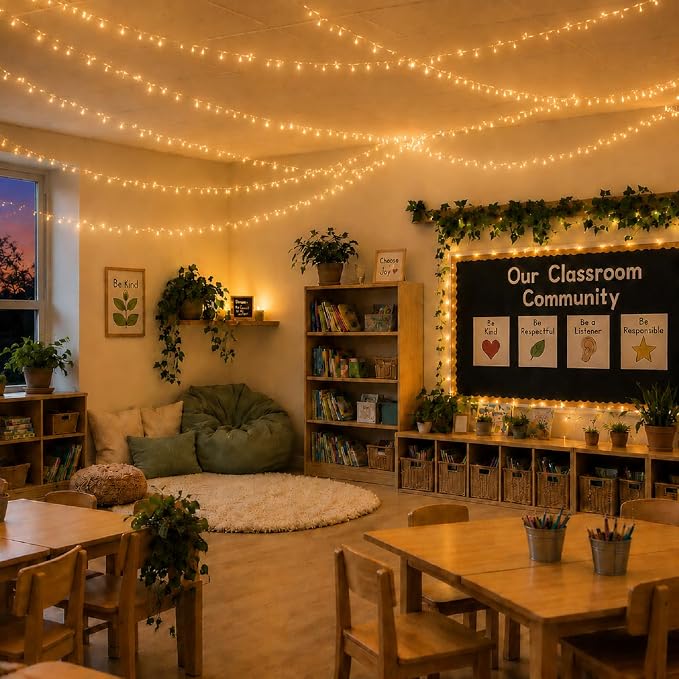 PJT 200 LED Classroom String Lights 66FT Warm White Fairy Lights, Teacher Classroom Decor Plug in Lights with 8 Lighting Modes for Bulletin Board, Reading Corner, Wall, Back to School, Home Decor