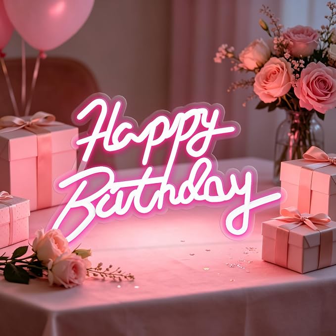FARNY Happy Birthday Neon Sign for Wall Decor, LED Happy Birthday Light Up Sign Pink, Dimmable LED Birthday Neon Light for Birthday Party Decorations Backdrop,16.5"x 12"