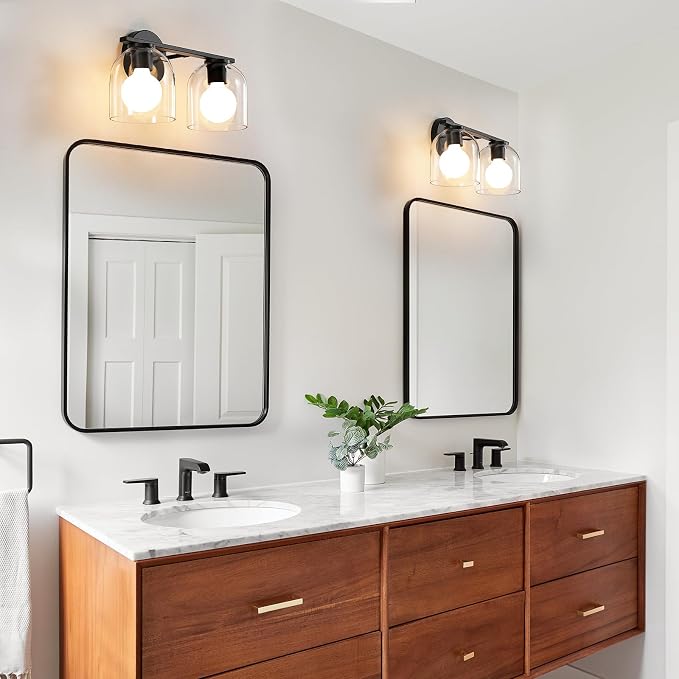 WOSHITU Bathroom Vanity Light Fixtures: 14.2 Inch Modern Black Vanity Lighting Fixtures Over Mirror with Clear Glass Shade, Matte Black 2 Light Fixtures for Bathroom Above Mirror, Wall Mount Sconces