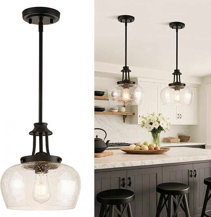 Modern Pendant Lights Kitchen Island, Matte Black Pendant Light Fixtures with 10" Clear Air Bubble Glass Shade, Industrial Hanging Pendant Lights Fixture for Kitchen Island Dining Room Entryway