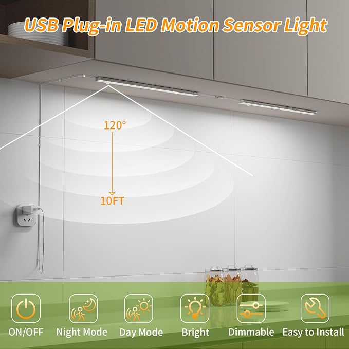 USB Plug-in Motion Sensor Light, Night/Day/ON Modes, Bright&Dimmable | 2-Row LED, 14" Under Cabinet Lighting Indoor for Kitchen, Cabinet, Closet - 4000K Neutral White, 2-Bar Linkable