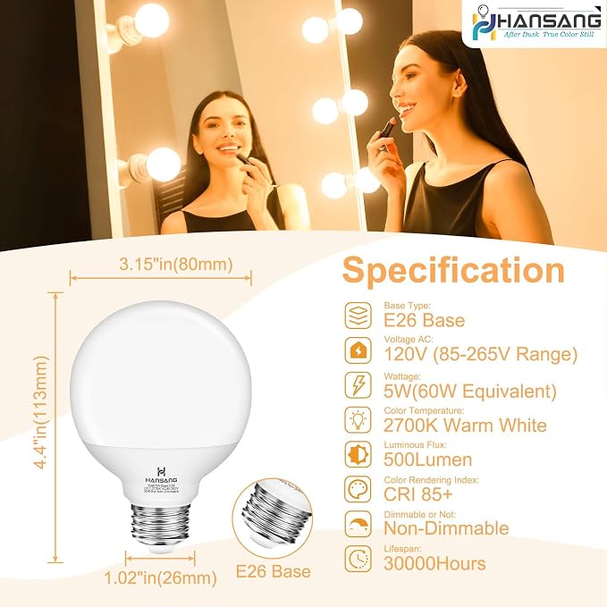 20 Pack G25 LED Vanity Barthroom Light Bulb 60W Equivalent 2700K Warm White | E26 LED Light Bulbs, CRI85+ Eye-Friendly, Type G Round Light Bulb for Makeup Mirror, 120V, 5W, 500LM No-flicker, Non-Dimmable