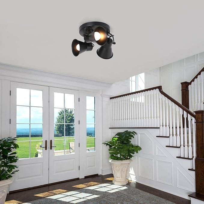 SEEBLEN 3-Light Industrial Track Lighting, Adjustable Round Kitchen Ceiling Light, Morden Black Flush Mount Directional Light for Kitchen, Hallway, Dining Room, Bathroom, Coffee Bar.