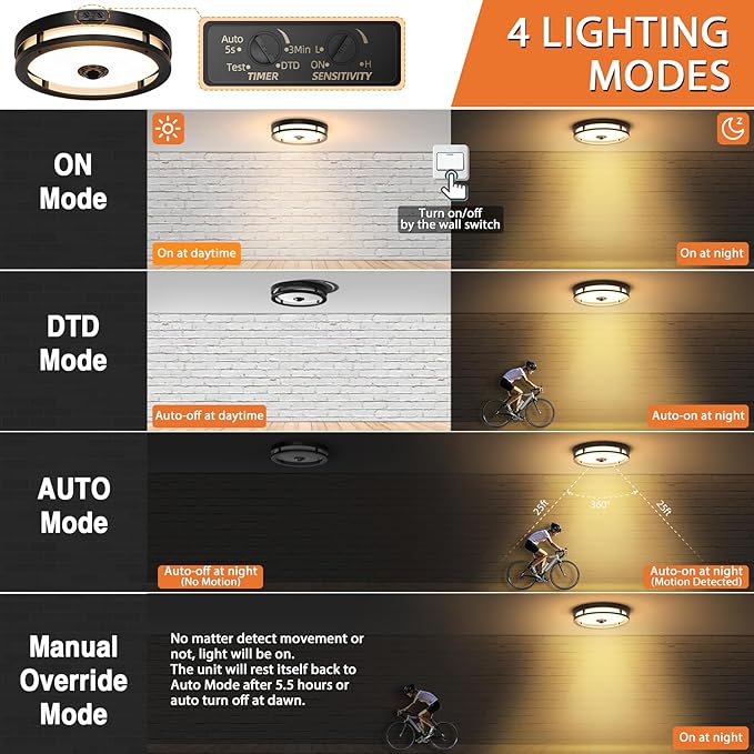 Outdoor Motion Sensor Flush Mount Ceiling Light, 12" Dusk to Dawn Porch Modern Black Exterior Light, Ceiling Light, Ceiling Light Fixture for Patio, Garage, Entry, 2 Pack