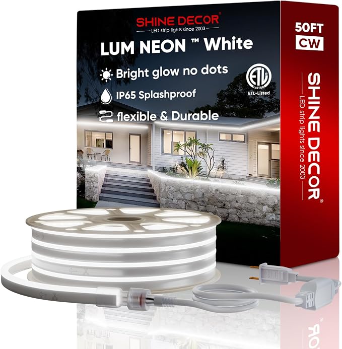 50FT/15M LED Neon Rope Lights, Cool White AC 110V-120V Neon LED Strip Lights, Flexible Waterproof SMD2835 120LEDs/M Indoor Outdoor Ropes Lights, Bright Ambient Lighting Decoration