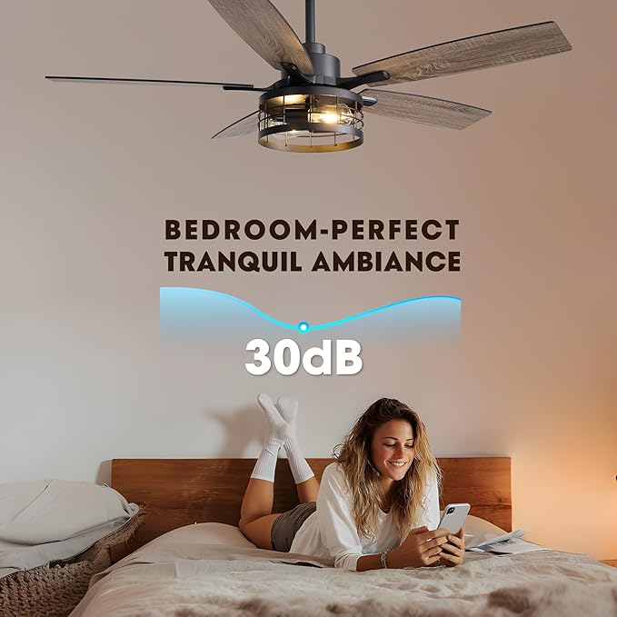 52 Inch Ceiling Fans with Lights and Remote & APP Control, Farmhouse Ceiling Fan Lights for Bedroom Living Room and Patio, Black Caged Ceiling Fan for Indoor and Outdoor (No Bulbs)