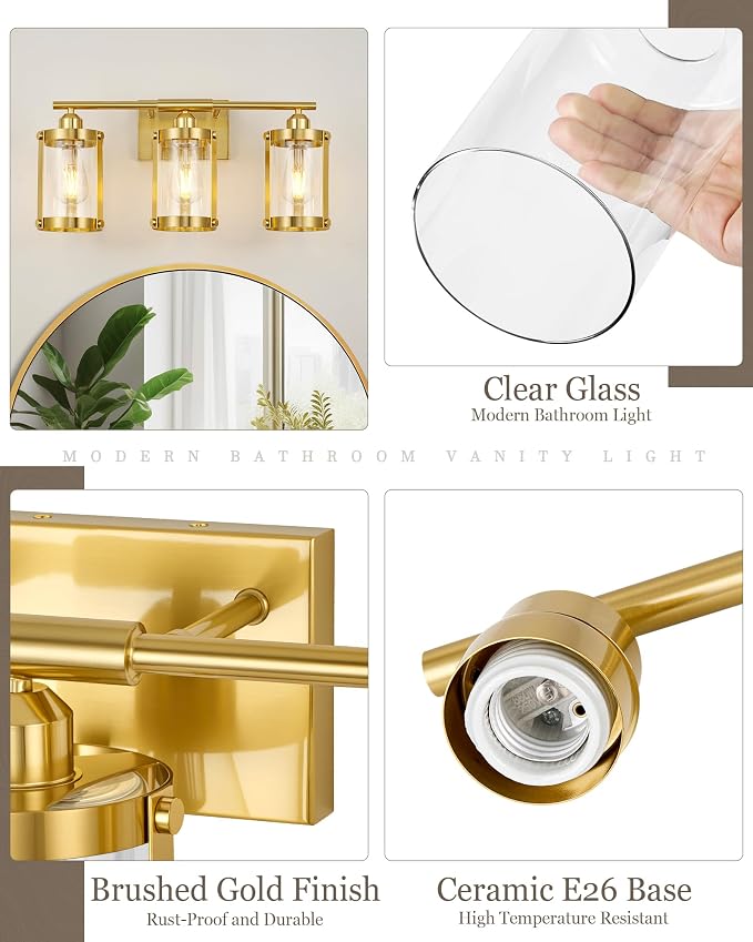3-Light Brushed Gold Bathroom Light Fixtures, 21 Inch Modern Bathroom Vanity Lighting Fixtures Over Mirror with Clear Glass and Metal Cage Wall Sconce Lights for Bath, E26, OS-3014BG-3W