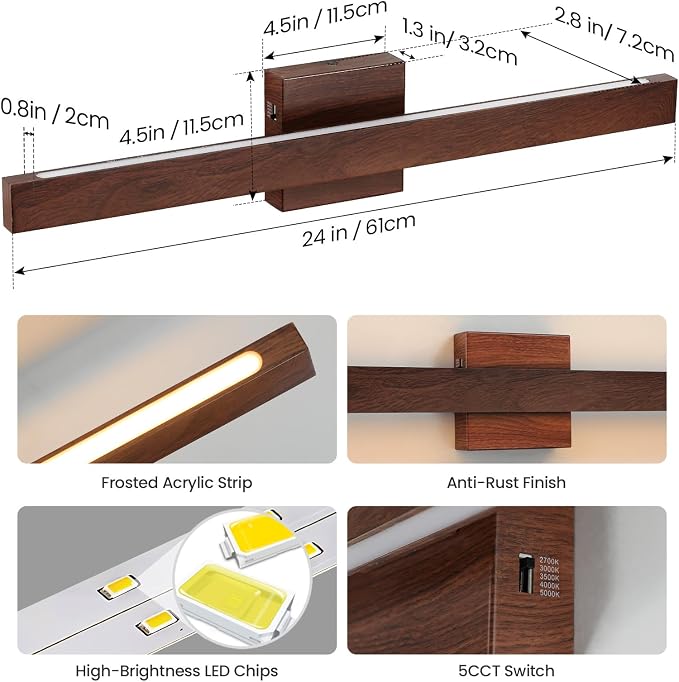 Modern Bathroom Light Fixtures Over Mirror, 24 Inch Brown Wood Finish Vanity Light Bar 20W Dimmable 5CCT LED Vanity Lights for Bathroom Wall Lighting Fixtures Over Mirror
