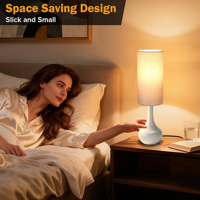 Touch Bedside Lamp for Nightstand,3-Way Dimmable,Space Saving & No Assembly Required, Upgraded Small Droplet White Table Lamp for Bedroom, Living Room (LED Bulb Included)