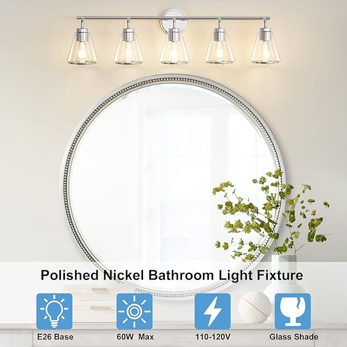 Bathroom Vanity Light 5 Lights Modern Vanity Lighting Fixture for Bathroom 38.5" Large Vanity Lights with Clear Glass Shade Polished Nickel Bath-Room Lighting Fixtures Over Mirror Wall Sconces