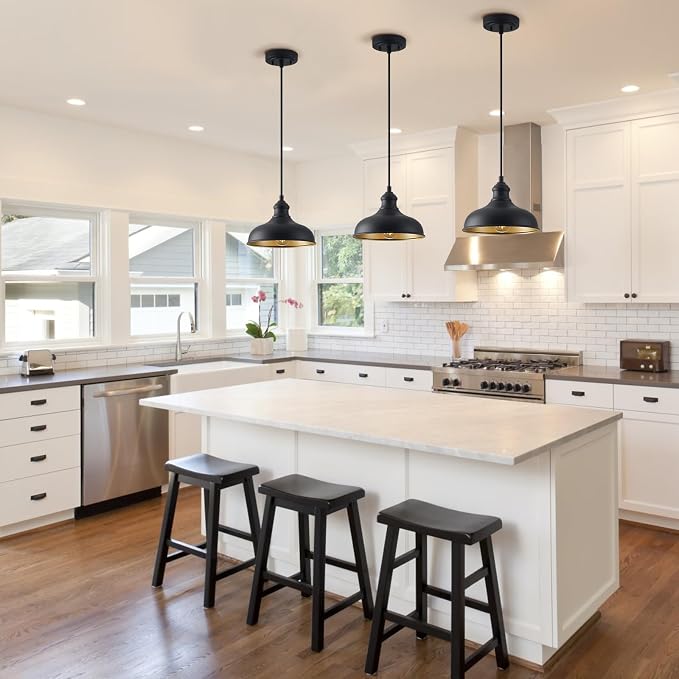 10in Dome Outdoor Pendant Barn Lights Black Kitchen Island Pendant Lamp with Brass Interior, Hallway Porch Ceiling Hanging Lights, Farmhouse Style Indoor Pendant Fixture for Home, Adjustable