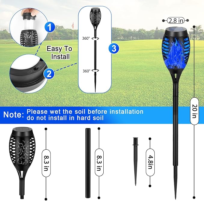 Solar Lights Outdoor, Upgraded 16 Pack Blue Solar Torch Light with Flickering Flame for Garden Decor, Waterproof Outdoor Lights Solar Powered, Tiki Torches for Outside Yard Patio Pathway Decor