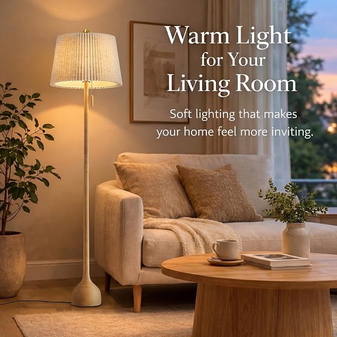 MOFFE Mid Century Modern Real Wood Floor Lamp with 2 Shades for Two Looks | 65" Tall,Sculptural Teardrop Base,Wooden Pull Chain,Vintage Standing Lamp,Linen Shades,Living Room,Bedroom, Bulb Included