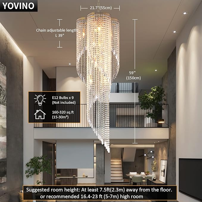 Large Spiral Crystal Beaded Strands Chandelier for High Ceiling, 9-Lights Luxury Gold Foyer Pendant Light, Modern Semi-Flush Mount Ceiling Light Fixture for Entryway Staircase, D21.7'' x H59''