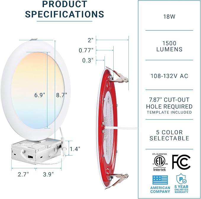 PARMIDA (12 Pack) 8 Inch Fire Rated LED Recessed Ceiling Light 5CCT Selectable, ETL 2 Hour Fire Rating 18W Dimmable Ultra-thin Canless Wafer Slim Panel Downlight Junction Box IC Rated No Tenmat Needed