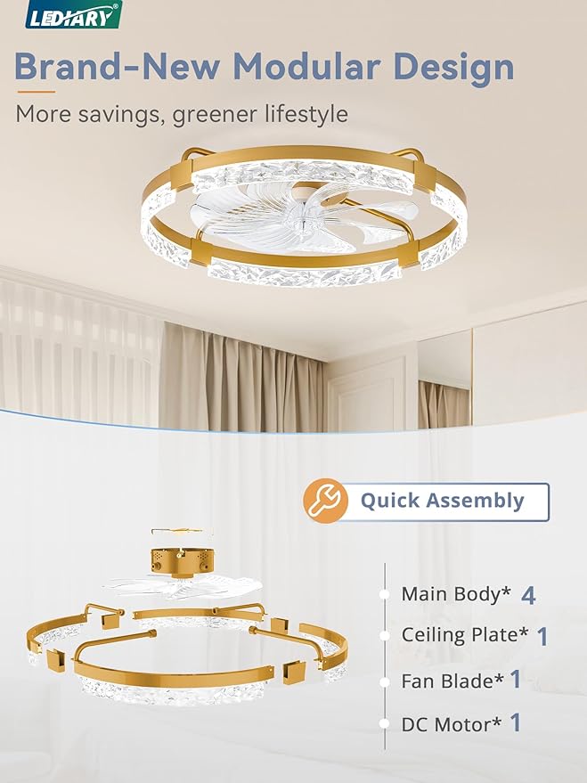 LEDIARY 24 Inch Low Profile Ceiling Fans with Lights and Remote, Flush Mount Fandelier Ceiling Fan, 3000K-6000K Dimmable LED Fan Light, Gold Modern Ceiling Fans with Lights for Bedroom