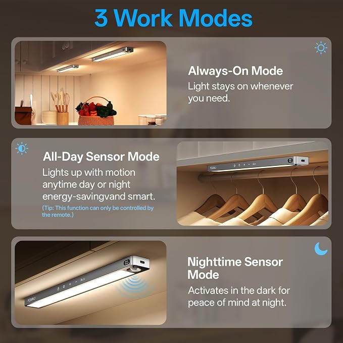 14.2inch Under Cabinet Lighting Wireless Motion Sensor Light Indoor | Rechargeable,3Color Temps,Dimmable,Power Display,LED Closet Light Magnetic with Remote,Under Counter Lights for Kitchen 2Pack