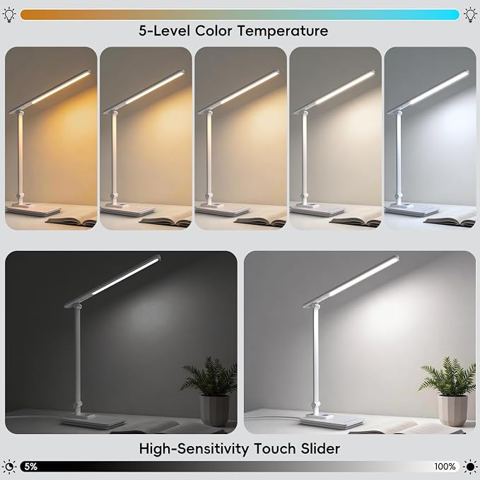 ELECTRI Desk Lamp for Home Office, 5 Color & Stepless Dimming, Eye-Caring | 360° Rotatable, Touch Control, with USB-C Output Port, for Study, Reading, Work, Nail Art, Craft, Puzzle, with Adapter