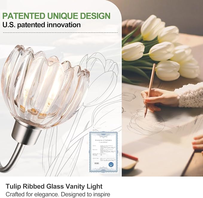 3-Light Bathroom Light Fixtures, 20" Vanity Light Over Mirror with Ribbed Clear Tulip Glass Shades, Brushed Nickel Wall Lights for Bathroom, Bedroom, Living Room, Hallway (Bulb Not Included)