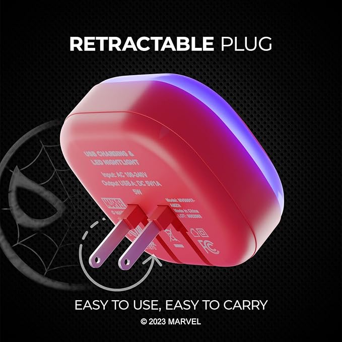 iJoy Marvel Spiderman Night Light with Touch LED and USB Charging Port- Spider Man Stuff/Spider-Man Gifts for Boys and Fans of Marvel- Foldable Plug and Build in USB Phone Charger- Spiderman décor