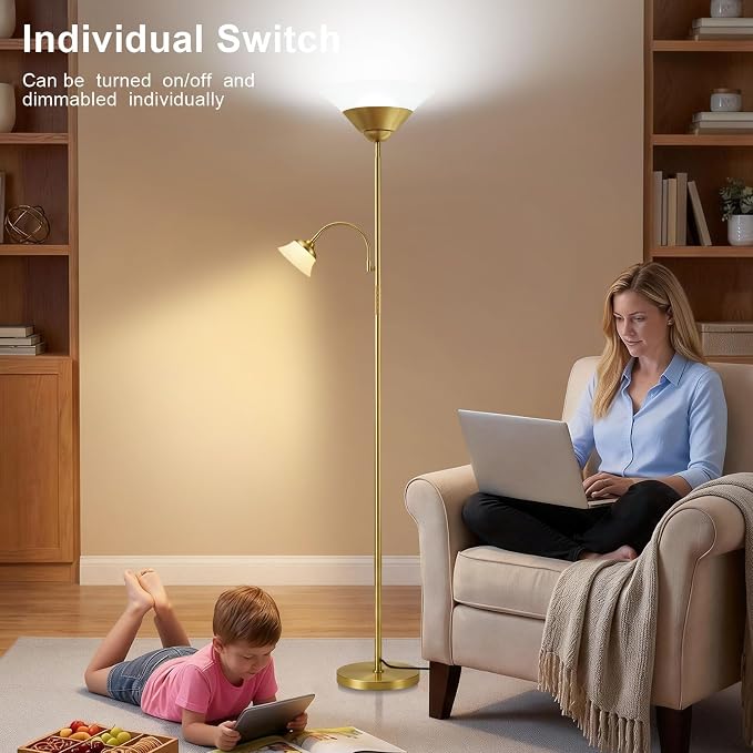 2-in-1 Torchiere Floor Lamp, 34W Super Bright LED Standing Lamp with Remote & Touch Control, 72" Dimmable Adjustable Corner Reading Lamp for Living Room, Bedroom, Office, Gold