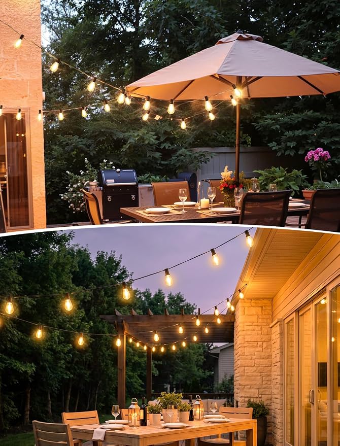 50FT(2X25FT) LED Outdoor String Lights, 22 Edison S11 Bulbs, Black | Plug in, Dimmer not included, Dimmable, Waterproof, Shatterproof, Connectable Hanging Lights for Garden Umbrella Decor