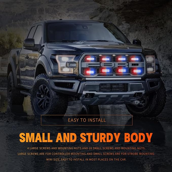 BooYu 8-pcs Sync Feature LED Emergency Strobe Lights Ultra Slim Grille Surface Mount Flashing Warning Hazard Light Bar w/Controller for Police, Firefighter, Trucks, Vehicles, Car (Red/Blue)