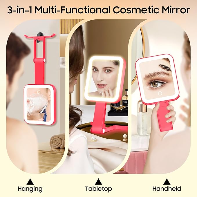 B Beauty Planet Small Travel Makeup Mirror with Lights(10" L x 5" W), Double-Sided 1X/30X Magnifying Mirror, 3 Color Lighting & Brightness Adjustable, Portable &Foldable Mirrors with Light (Red)