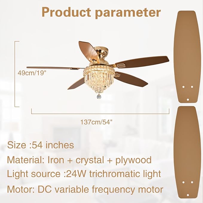 Crystal Ceiling Fan Fandelier with Lights-Ceiling Fans with Lights,54" Low Profile and Remote Control, Flush Mount, Reversible, Dimmable, Noiseless,Gold Ceiling Fan for Bedroom