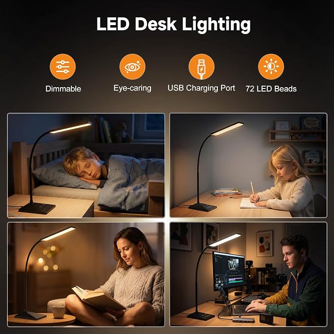 LED Desk Lamp, Eye-Caring Desk Light | 7W 390LM ,5 Color Modes & Stepless Dimming, 360° Flexible Gooseneck Touch Control Table Lamp for Bedroom Bedside Study Black
