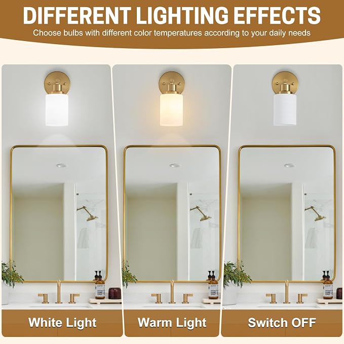 2-Pack, 1-Light Vanity Lights, Brushed Gold Bathroom Light Fixture with Textured Milky White Glass Shade, E26 Modern Vanity Lighting Fixture for Bathroom Wall Sconce