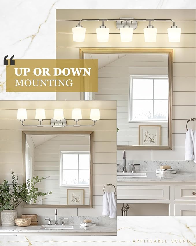 Bathroom Light Fixtures Over Mirror, 5-Light Brushed Nickel Vanity Lighting Fixtures with Milk White Glass, 38inch Farmhouse Wall Sconces Lighting, AD-22004-5W-SN