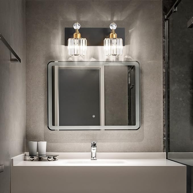 PRESDE 2-Crystal Bathroom Vanity Light Modern Black and Gold Bathroom Lights Fixtures Over Mirror Modern Bath Wall Lighting