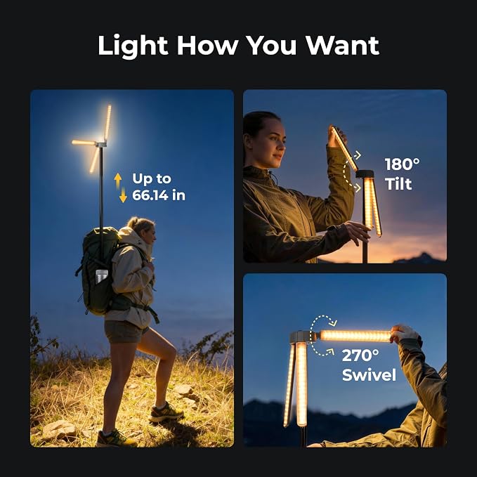 BougeRV Telescopic Camping Light T1, 15600mAh Rechargeable Lantern, Silver | 5.5 ft Adjustable Height, 1000x3 Lumens, 8-102H Runtime, 270°/180° Rotation, 3 Color Modes, Honeycomb Cutout Design, Outdoor