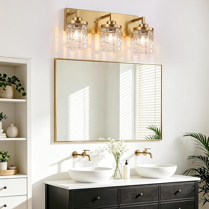 maesta Gold Bathroom Light Fixture,3 Light Modern Vanity Light Over Mirror | Modern Vanity Light, Gold Metal & Crystal Glass Fixture, Anti-Rust, Easy to Install for Bathroom Hallway Bedroom Entryway
