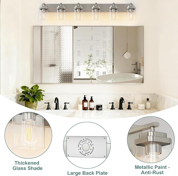 Brushed Nickel Bathroom Light Fixtures, 6 Lights Bathroom Lighting Fixtures Over Mirror, Square Design & Rectangle Large Backplate, Modern Vanity Lighting Fixtures, for Living Room/Bedroom