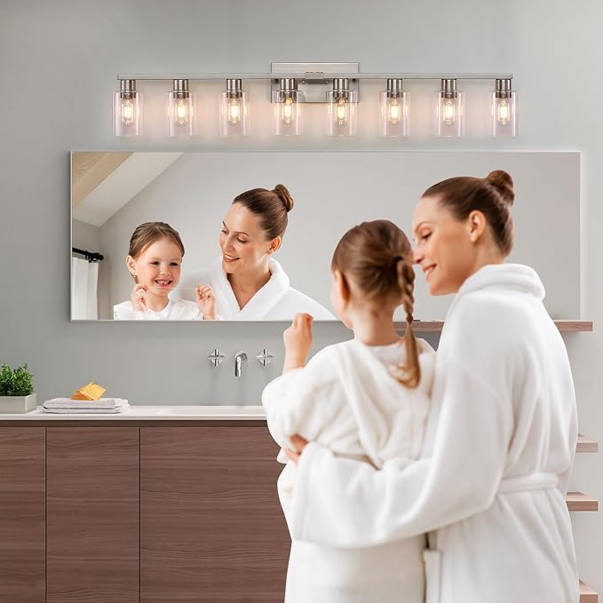 8 Light Bathroom Vanity Light Brushed Nickel Bathroom Light Fixtures 8-Light Vanity Lights for Bathrrom Lights Fixtures Over Mirror Large Wall Sconce with Clear Glass Shade