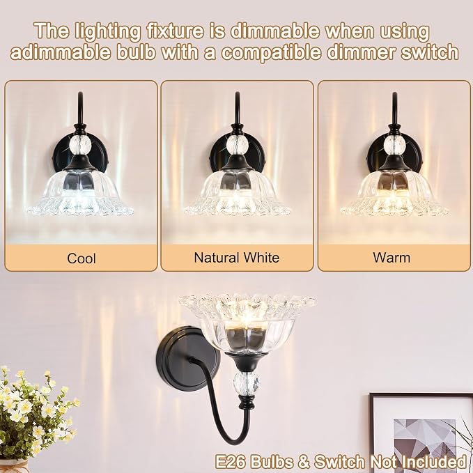 Vintage Bathroom Vanity Light Fixtures Matte Black Wall Sconces with Floral Crystal Glass Shade Wall Lights for Bathroom Bedroom Living Room Hallway Wall Decor(Exclude E26 Bulb)