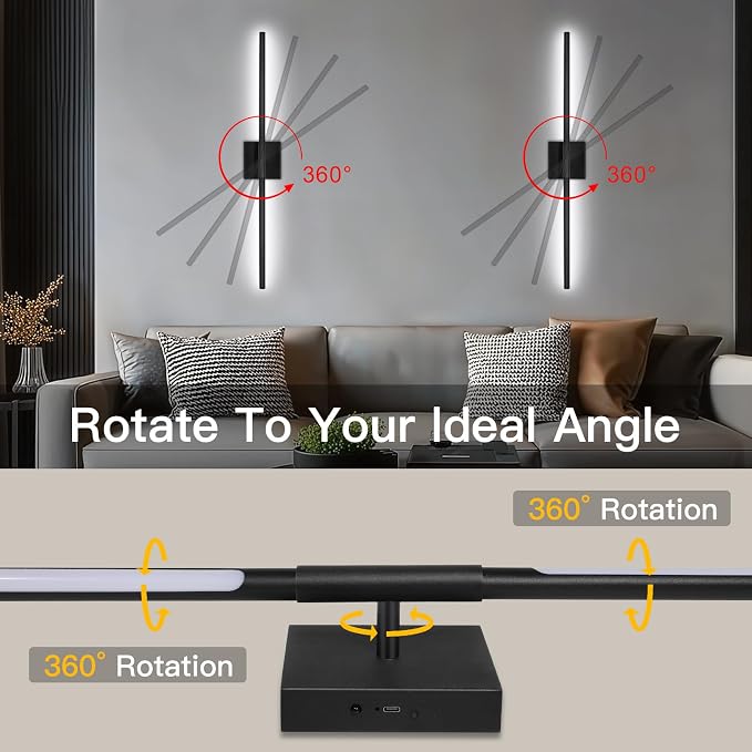 Battery Operated Wall Sconces Set of Two, Wireless Wall Sconces 31.5 Inch | Rechargeable, Remote Control, Dimmable, 360°Rotate, Cordless Wall Light Decor for Living Room, Hallway, Timing, Black