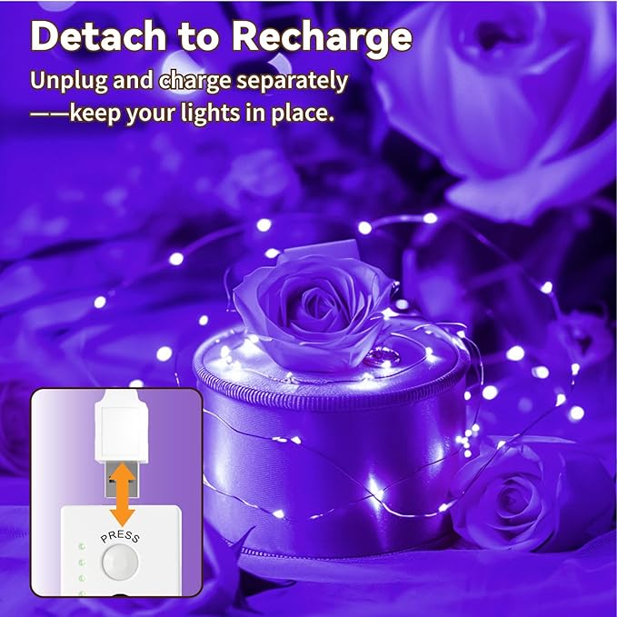 ZSJWL Rechargeable Fairy Lights with DIY Timer & 8 Modes, 16FT 50LED String Lights Battery Operated Indoor, Twinkle mini Lights for Bedroom Christmas Wedding Centerpiece Decor (Purple)