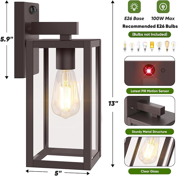 2-Pack 13” Upgraded Motion Sensor Outdoor Wall Lights, Brown | Auto ON/OFF, 3 Lighting Modes, Waterproof, Rust-Resistant, Durable Metal & Clear Glass, Standard E26 Sockets, Easy to Install