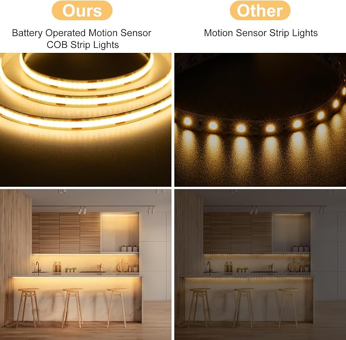 2 Pack Battery COB Motion Sensor Strip Lights with Day & Night Modes | 6.6Ft 640 LED Under Cabinet Flexible Tape Lights for Bedroom Kitchen Stair Shelf, 2700K Warm White